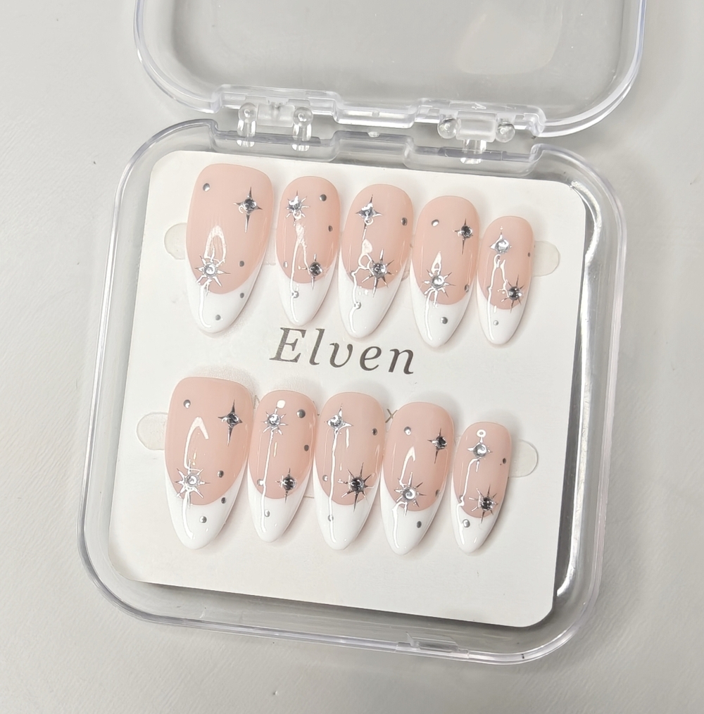 Elven Pink and White French Tips Handmade Press On Nails Medium Almond